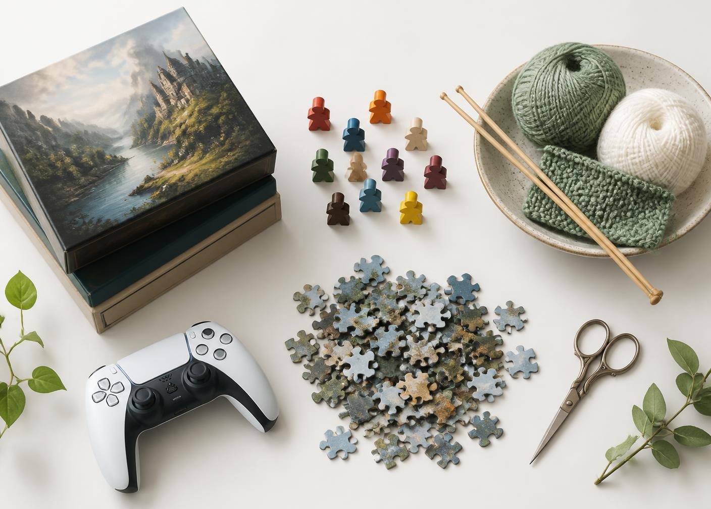Pre-owned board game boxes, wooden game pieces, a controller, puzzle pieces and craft supplies laid out on a pale surface
